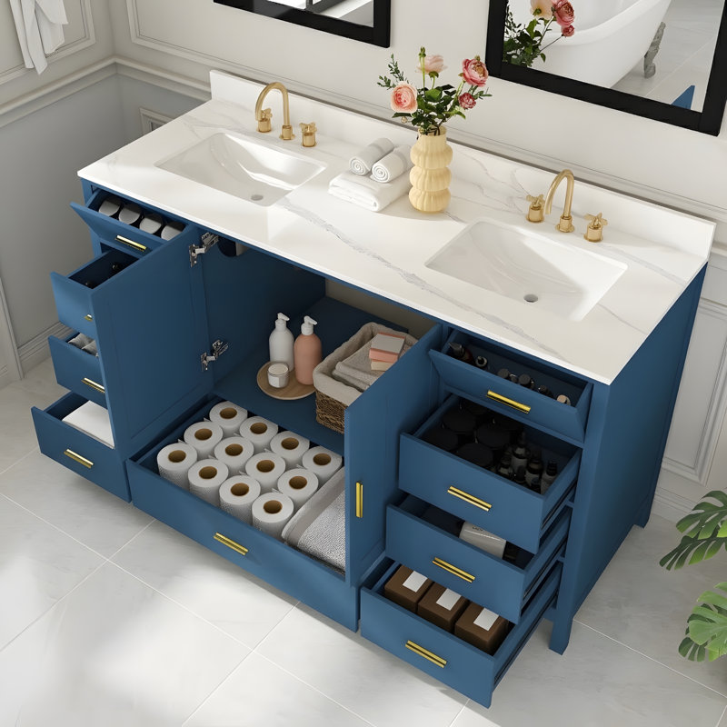 Meuble-lavabo de salle de bain avec 2 lavabos, Bleu