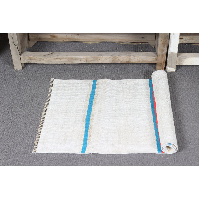 Small Striped Turkish Oushak Rug in White Ideal for Entryway or as Door Mat