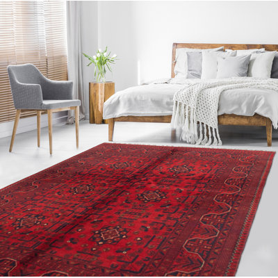 Tapis rouge foncé en laine noué à la main de conception unique 5 pi 6 po x 7 pi 4 po Ocea
