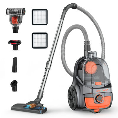 Aspirateur traîneau sans sac de 1 600 W, aspiration puissante de 40 kPa, filtration HEPA H13, très grande tasse à poussière de 4 pte, rembobinage automatique du cordon, 5 accessoires multifonctionnels, idéal pour les planchers de bois franc, les tapis, les poils d'animaux et le revêtement