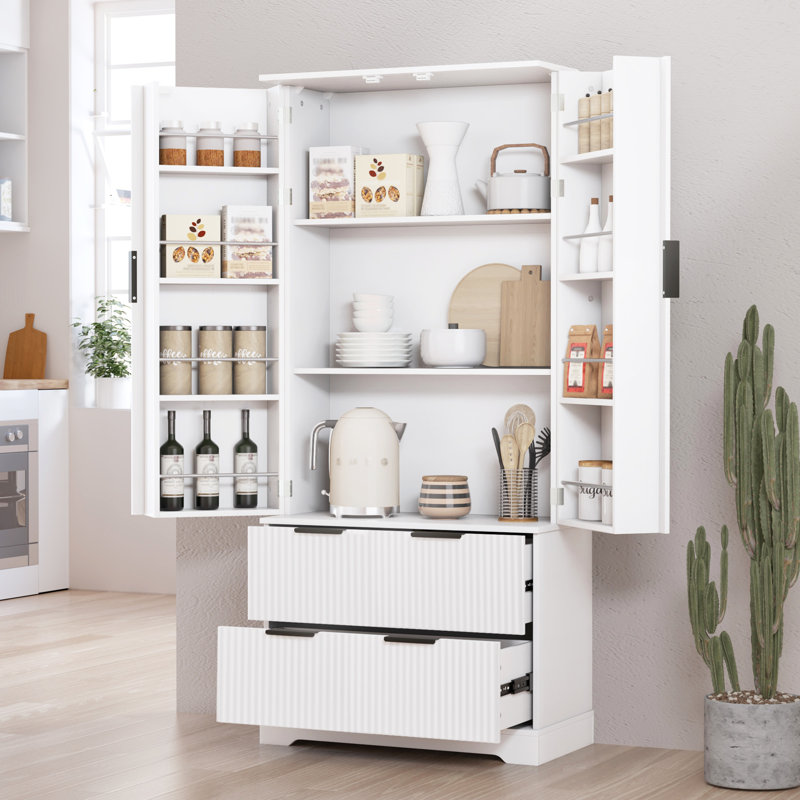 Armoire de cuisine 72 po avec 2 grands tiroirs et un support à épices à 8 portes, organisateur de rangement autoportant pour salle de bain, salle à manger, bureau, entrée, rangement de salle de bain
