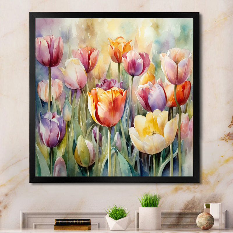 Jardin des tulipes - art mural tulipe, Cadre simple noir, H 16 po x l 16 po x P 1 po