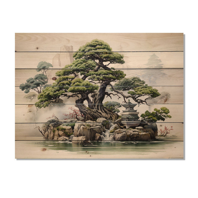 Art méditatif japonais, bonsaï vert II sur bois, H 24 po x l 32 po x P 0,78 po