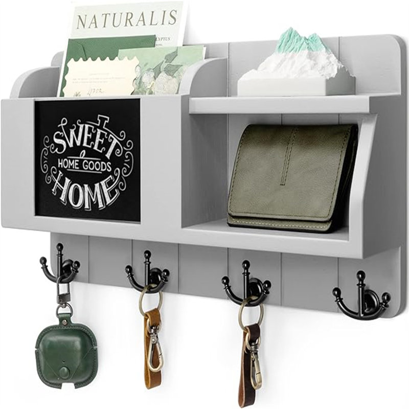 Gray Wooden Wall Mounted Key Holder and Mail Organizer with Shelf