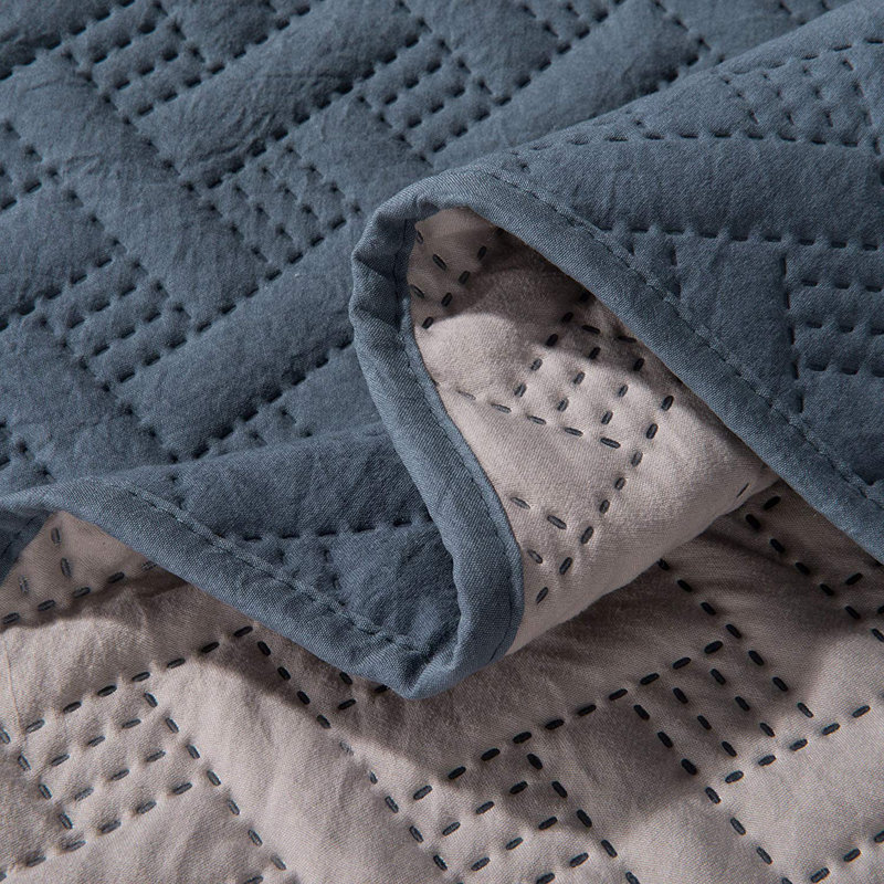 Heat Pressed Polyester Quilt, King Quilt + 2 Shams, Indigo Light Blue/Cement Gray