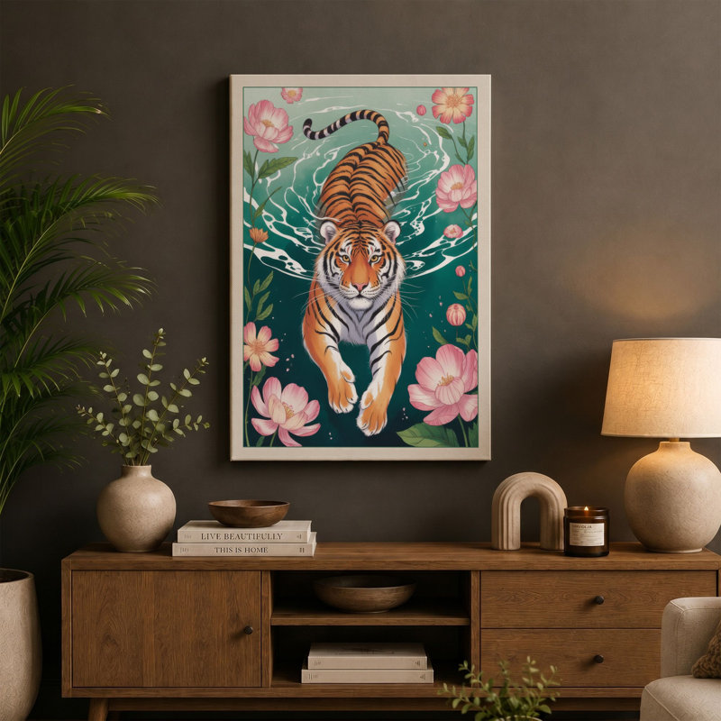 Tiger in Turquoise Waters Boho - Wrapped Canvas, 30x20 - 76.2 x 50.8 cm, Teal Border