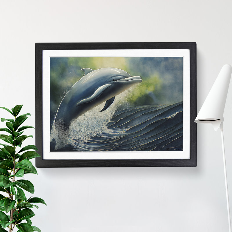 Watercolour Dolphin - Single Picture Frame Painting, 46cm H x 64cm W x 2cm D, Black
