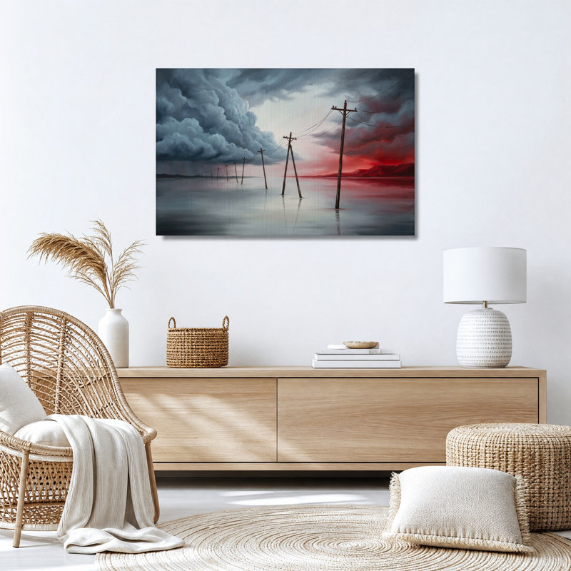 Tableau sur toile représentant des poteaux utilitaires en bois sous un ciel orageux, 16"H x 24"W