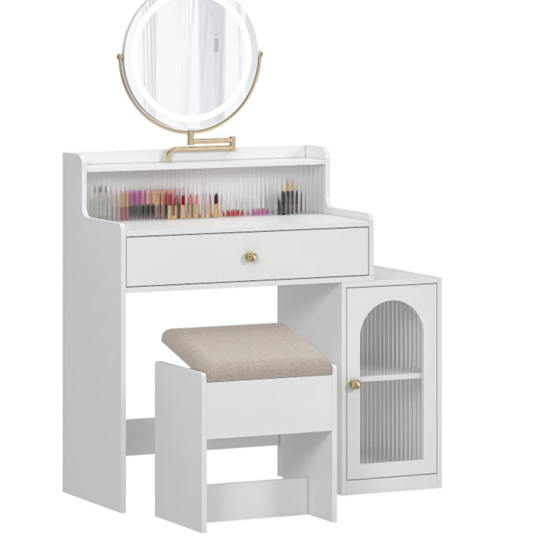 Bureau de coiffeuse blanc avec miroir pivotant à 360 ° et lumières réglables, coiffeuse pour filles avec fauteuil de rangement et armoire d'appoint avec portes en verre Waveform, coiffeuse avec tiroir
