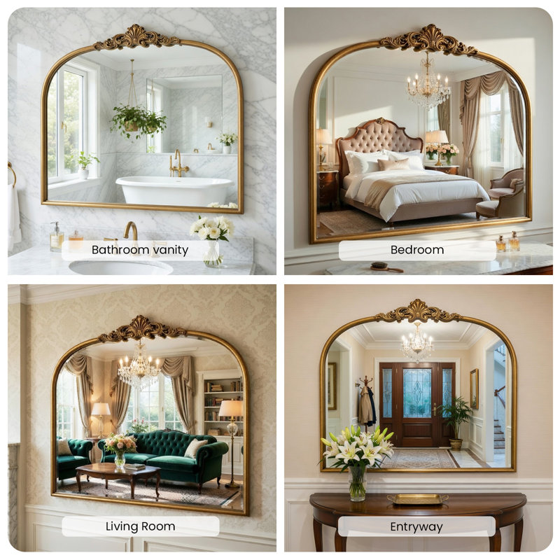 Vintage Baroque Gold Mirror Metal Frame 36x30 Inch, Antique Arched Mantle Retro Oil Rubbed Bronze Ornate Vintage Mirror for Living Room, Fireplace, Entryway, Bathroom