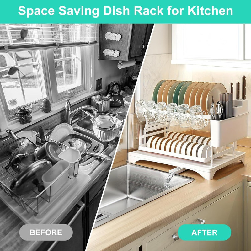 2-Tier Dish Racks For Kitchen Counter, Multifunctional Dish Drying Rack, Large Capacity Metal Kitchen Dishes Drying Rack Plate Organizer For Bowls/Cups/Bottles White