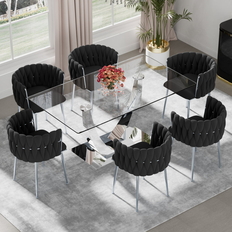 Ensemble de salle à manger rectangulaire à piédestal avec chaise tissée, H 29,5 po x L 63 po x l 35,4 po - Argent, Noir