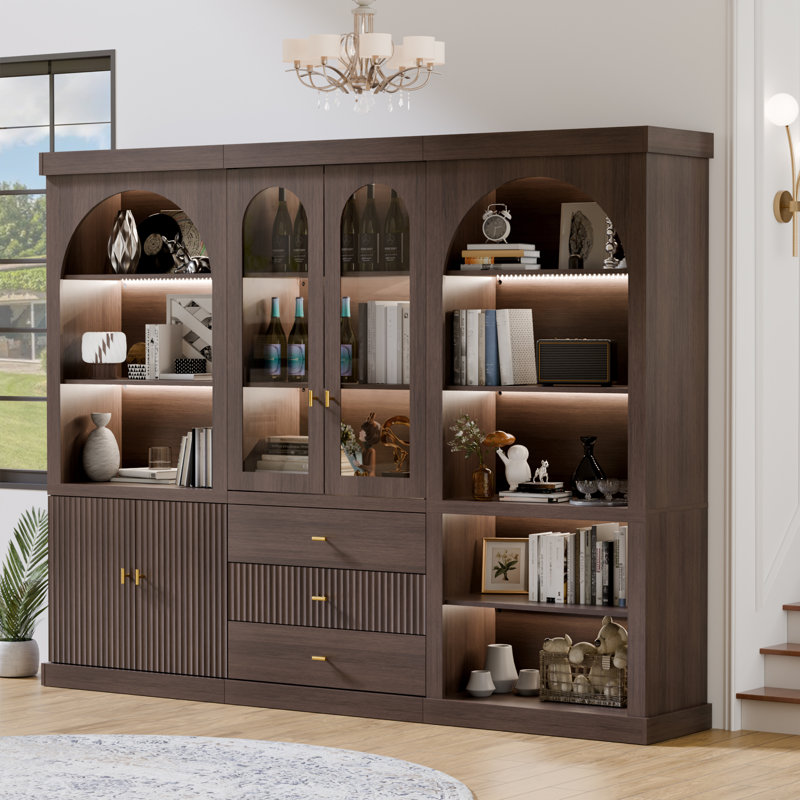 Ensemble de 3 armoires de rangement autoportantes arquées avec portes en verre et éclairage à DEL, Armoire standard