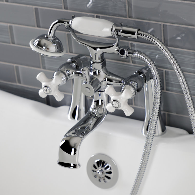 Robinet de baignoire sur pattes à 3 poignées et 2 poignées à fixation sur le comptoir avec douche à main Kingston Brass Kingston
