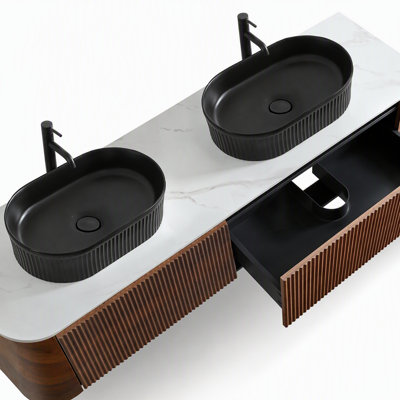 60-Inch Wall-Mounted Double-Sink Bathroom Vanity with Sintered Stone Top, Black Oval Ceramic Basins and Towel Rack