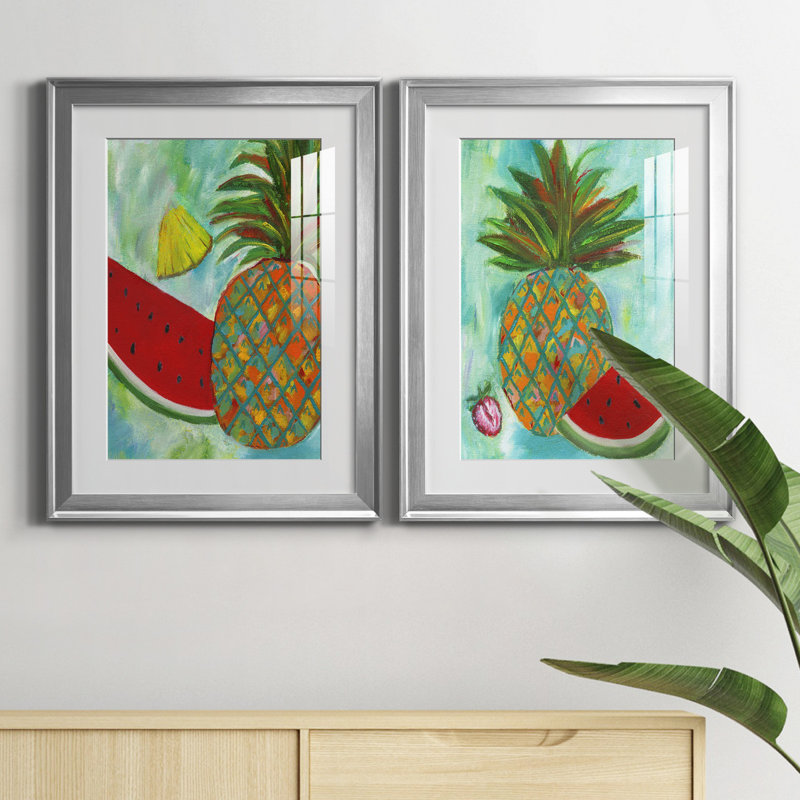 Ananas et melon d'eau I - ensemble de 2 reproductions d'art, Papier avec cadre argenté, Blanc, H 18,5 po x l 49 po x P 1,5 po