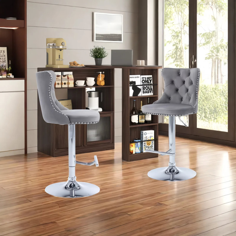 Bar Cabinet With Rotating Top Set With 2 Swivel Velvet Barstools Adjusatble Seat Height