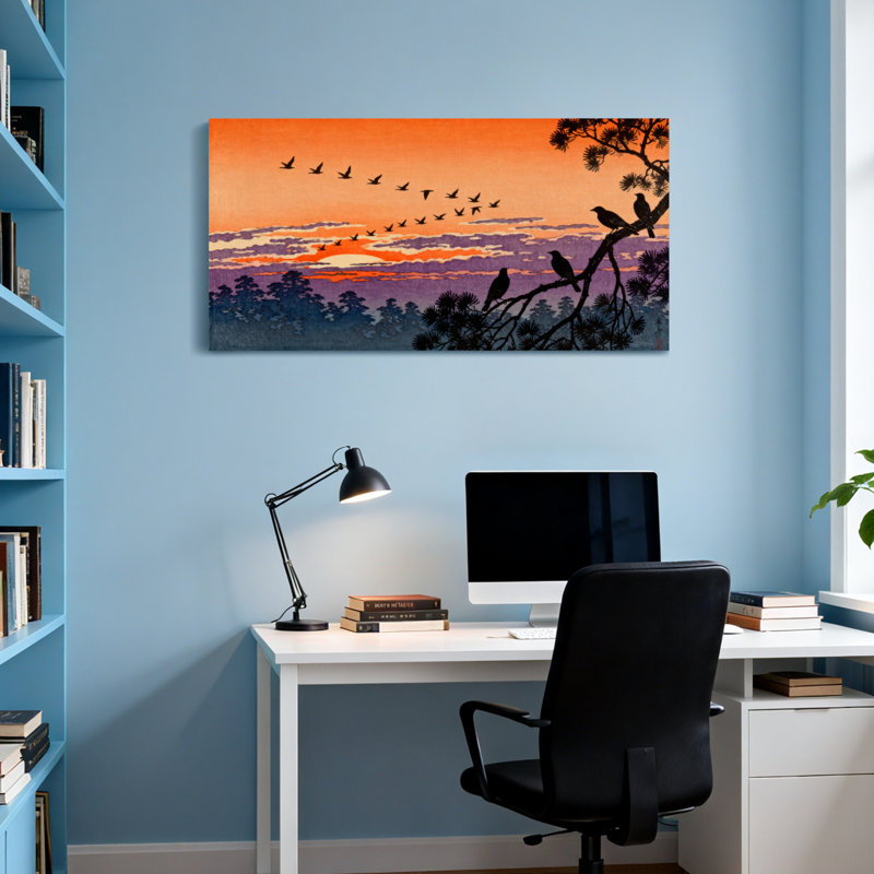 Paysage et nature coucher de soleil ciel oiseaux volants silhouettes orange mauve, H 16 po x l 32 po