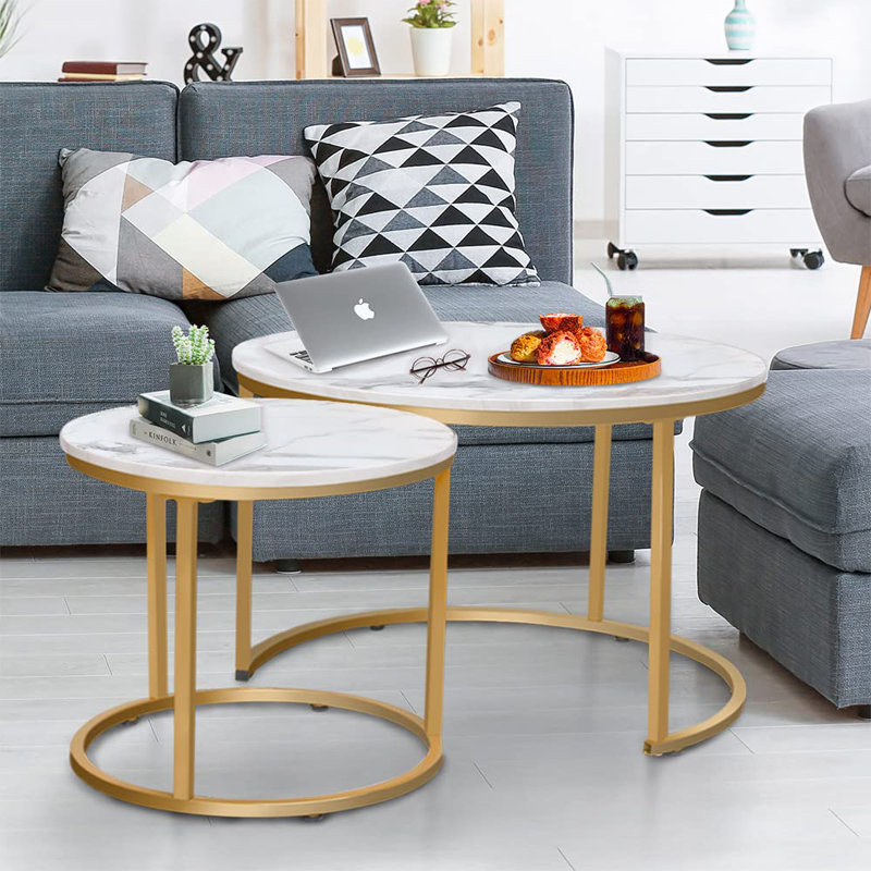 Set of 2 Round Nesting Coffee Tables., Gold