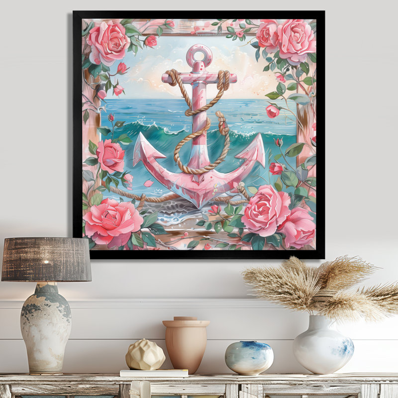 Décoration de bord de mer rose, vert et bord de mer rétro - IV, Toile encadrée noire simple, H 36 po x l 36 po x P 1,5 po