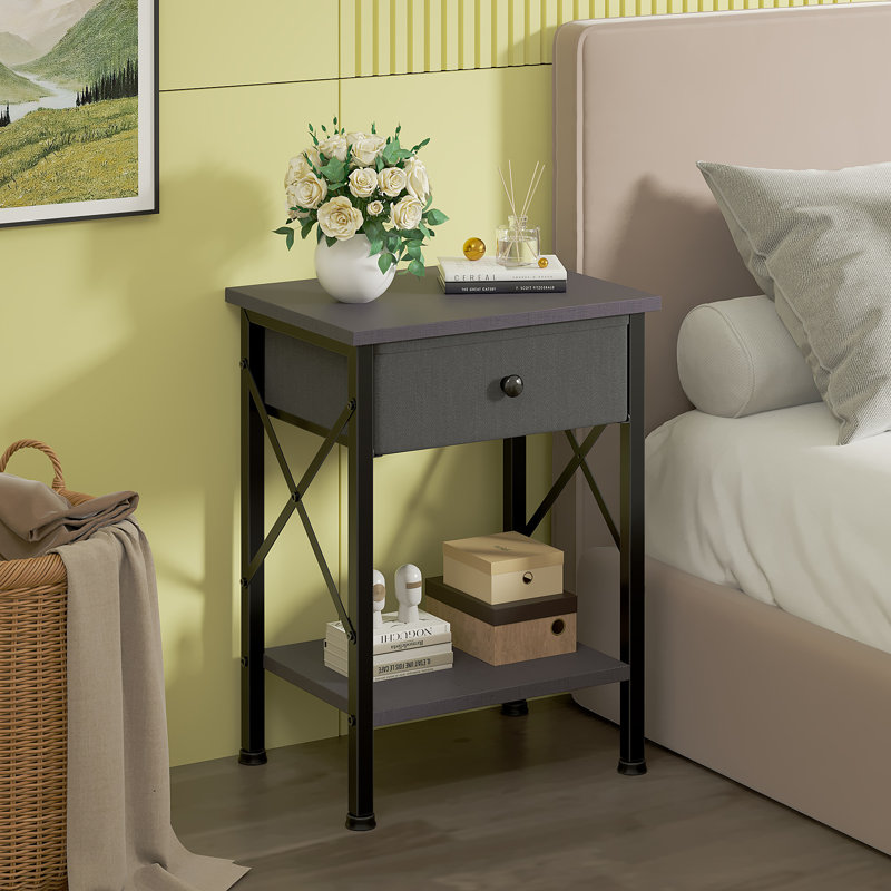 Fabric Drawer Nightstand With Open Shelf, Small Bedside Table For Bedroom, Living Room Or Dorm, Gray