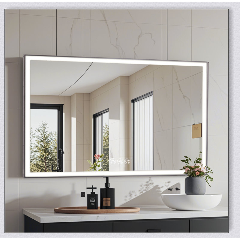 Miroir de meuble-lavabo à cadre 48 po x 32 po à DEL, cadre en aluminium avec lumières biseautées à angle biseauté à 45 °, 3 couleurs, antibuée, convenant à une décoration moderne