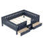 Lit Queen Size avec étagères et tiroirs de rangement, escalier sécuritaire, barrières de sécurité, bleu
