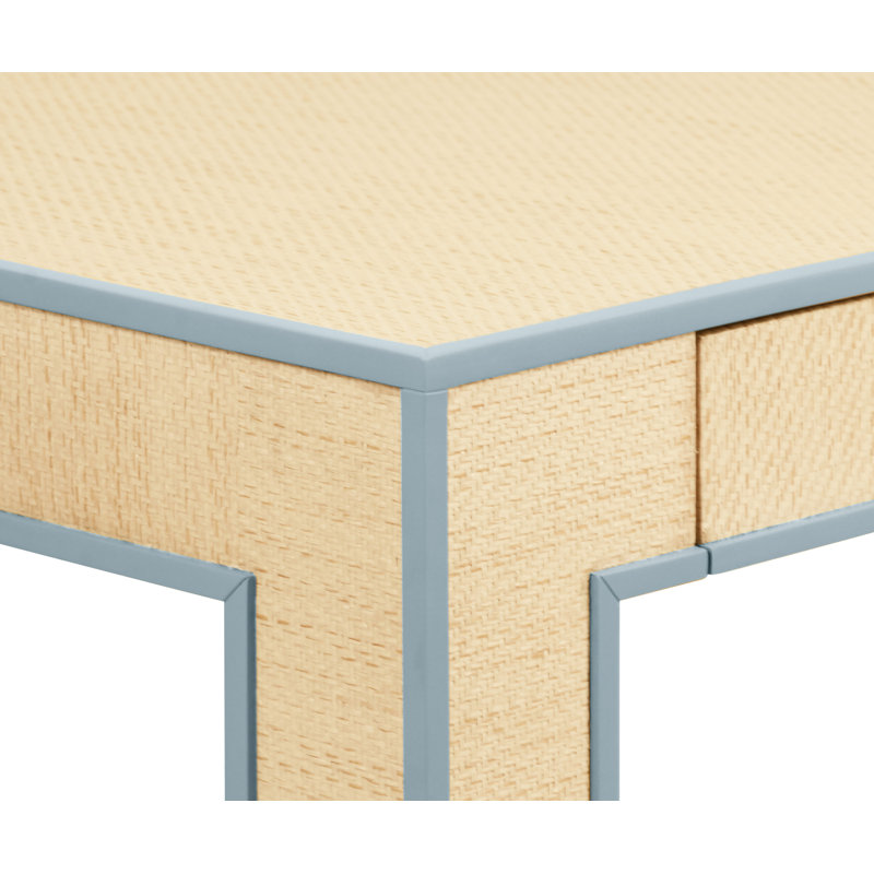Square Two Drawer Game Table With Matte Light Blue Lacquer Edging And Inset Natural Grasscloth