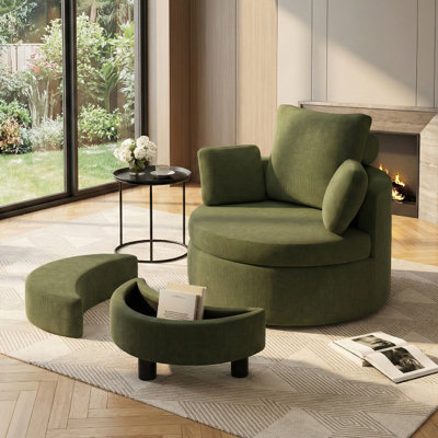 Round Oversized Swivel Barrel Chair with Half Moon Ottoman and Double Storage
