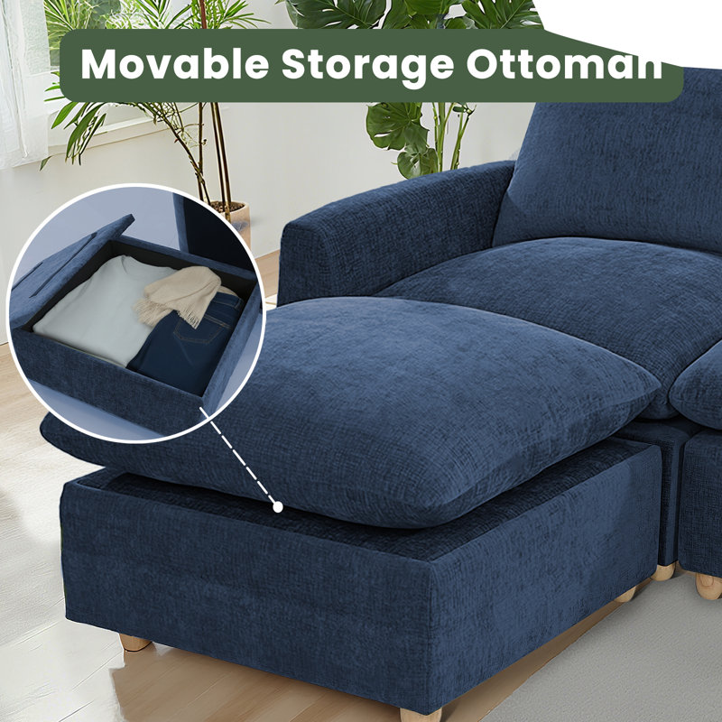 Canapé modulaire de 100 po, canapé en L avec canapé-lit, repose-pieds mobile, canapé en chenille confortable, Bleu