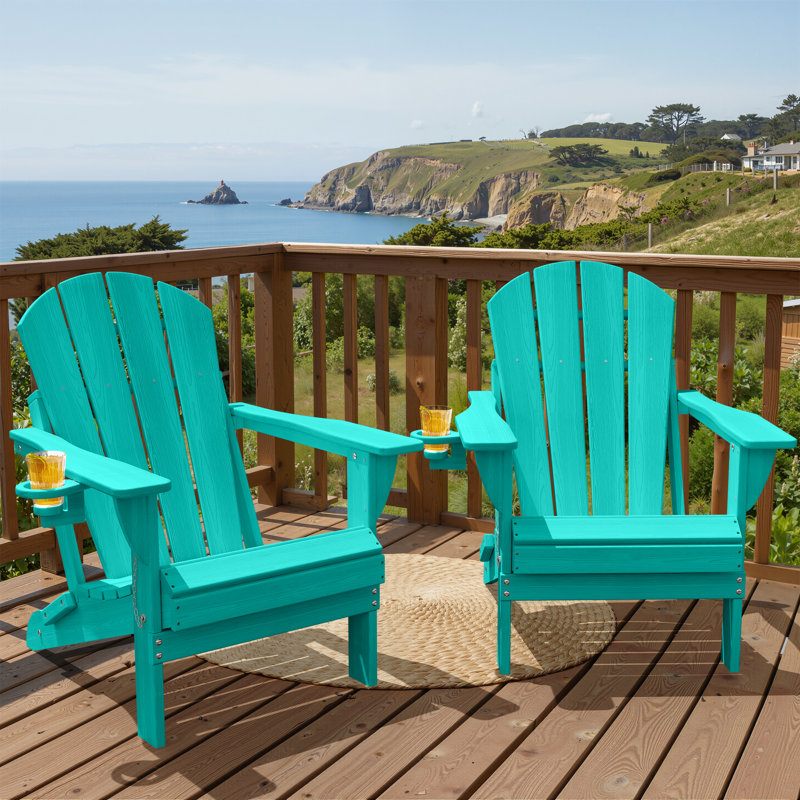 Outdoor Adirondack Chair Set Weather-Resistant HDPE Foldable Patio Chair Fire Pit Chair with Cup Holder, Lake Blue