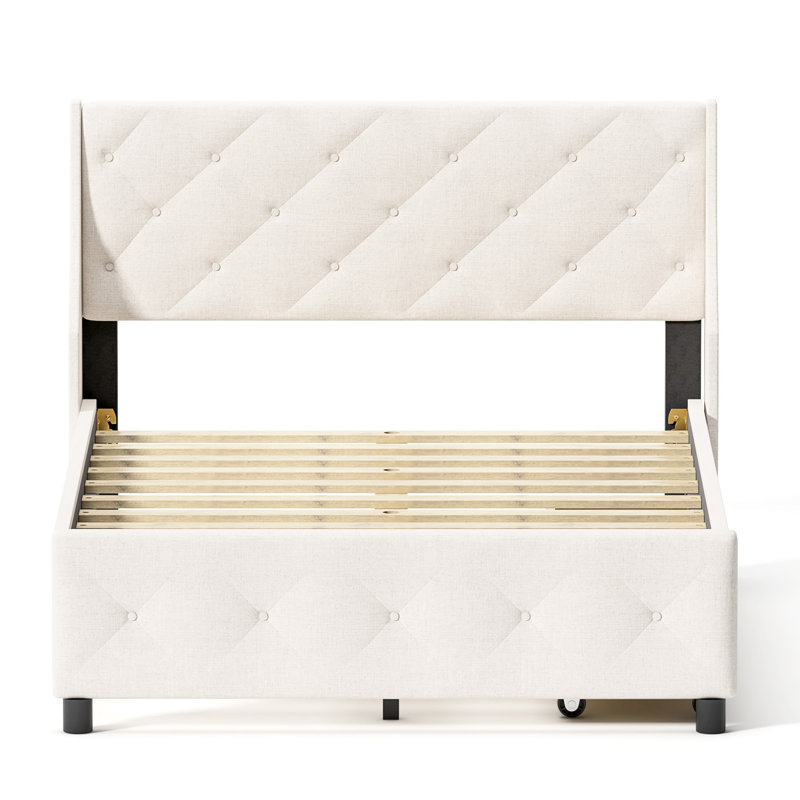 Lit plateforme avec rangement et grand lit, silencieux, pas de sommier tapissier requis et plateforme de revêtement en lin