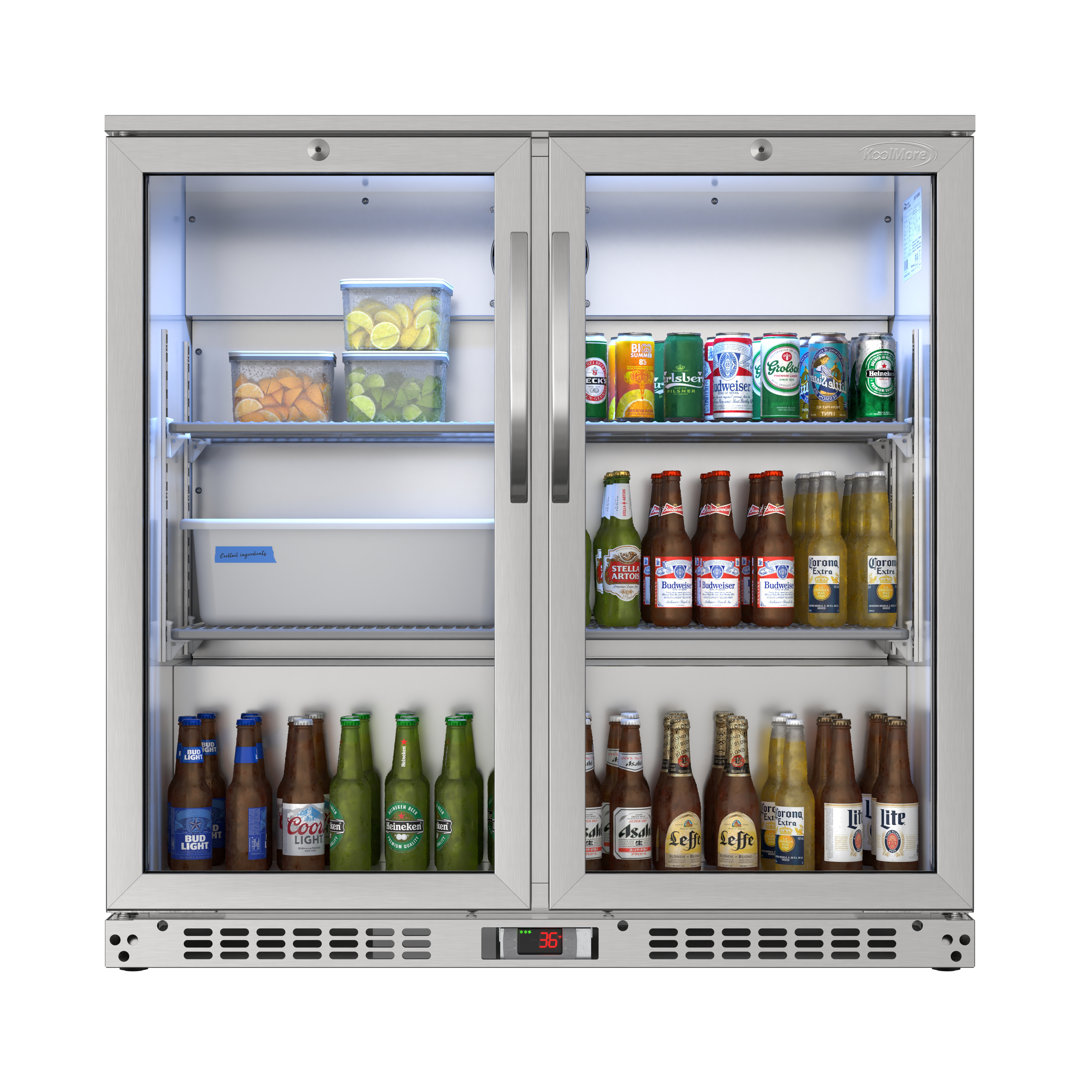 35 in. W 7.4 cu. ft. 2-Glass Door Counter Height Back Bar Cooler Refrigerator with LED Lighting in Stainless Steel KoolMore
