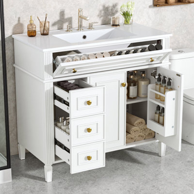 36" Bathroom Vanity with Sink, Solid Wood Cabinet with Flip-Out Drawer, 3 Drawers & 2 Soft-Close Doors, Gold Handles, Green Painted Finish, Freestanding Modern Storage Vanity