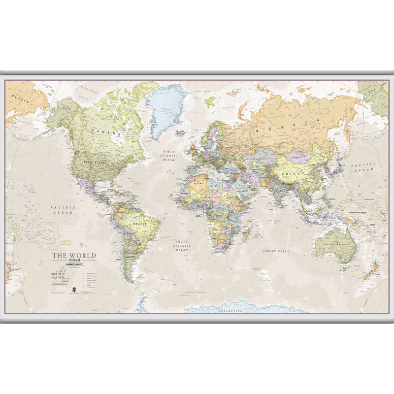 Classic World Map - Print, 122.5cm H x 197cm W x 0.5cm D, Laminated with Hanging bars