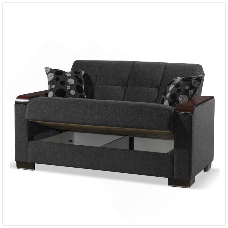 Causeuse rembourrée avec garniture en bois et rangement, Chenille grise foncée