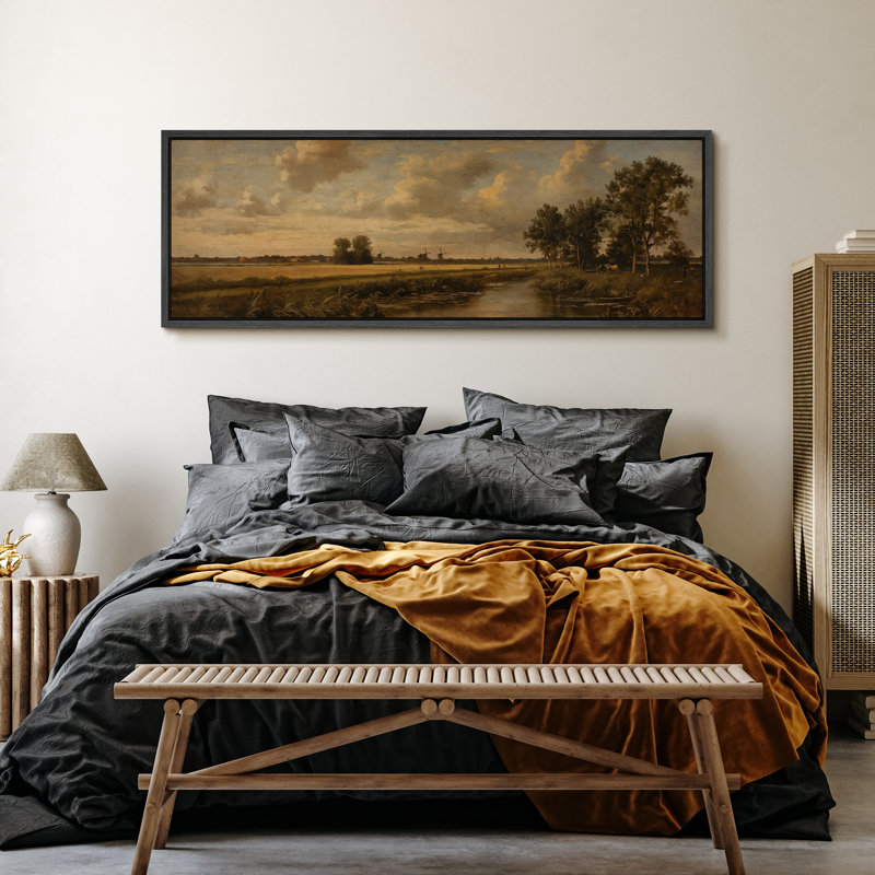 «Rustic Countryside», campagne rétro, paysage de rivière, rétro, très grande œuvre d'art, art mural, H 20 po x l 60 po