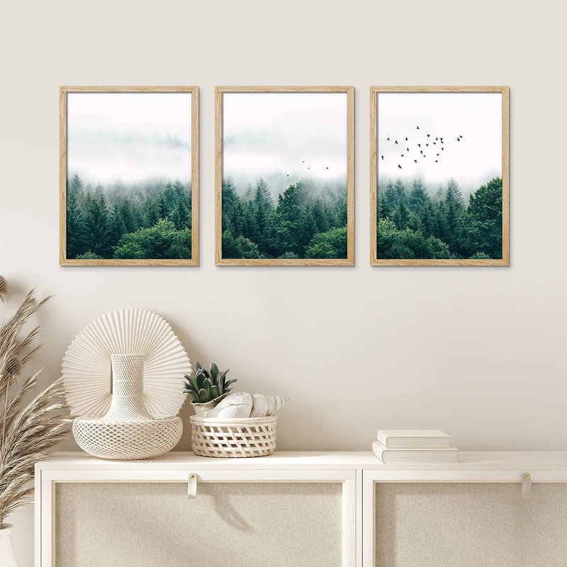 IDÉE4WALL, art mural pin vert encadré, ensemble de 3 impressions murales de paysage de forêt émeraude brumeux, décor de nature sauvage pour salon, chambre à coucher, 3 pièces