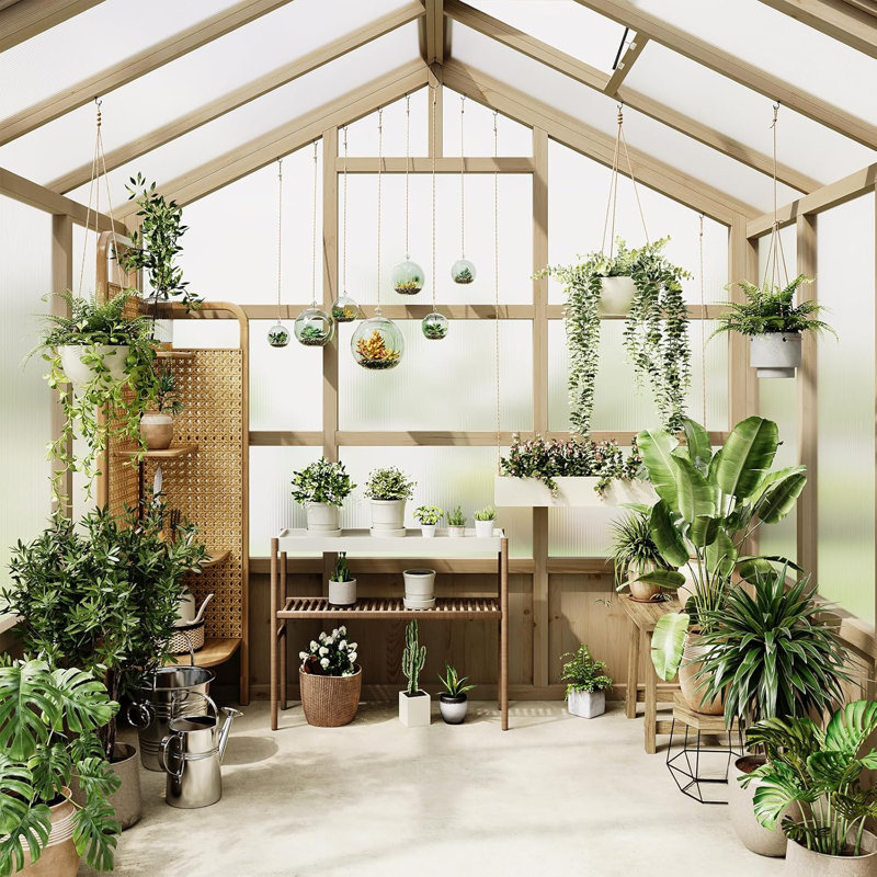 8 Wooden Greenhouse,,Plant Garden Shed Greenhouses For Outdoors With Lockable Door, Wood Frame & Adjustable Vent, Heavy Duty Greenhouse With Polycarbonate Panel For Outside, Garden, Yard, Light Brown