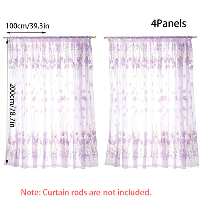 4 Panels Tulle Curtains, 100x200 cm Tulip Print Tulle Sheer Curtains, Rod Pocket, Living Room Bedroom Decor, Purple