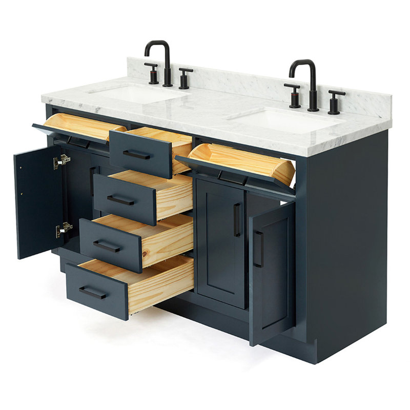 Meuble-lavabo double en bois massif Tidworth avec plateau en marbre de Carrare de 1,5 po, Bleu minuit / noir mat