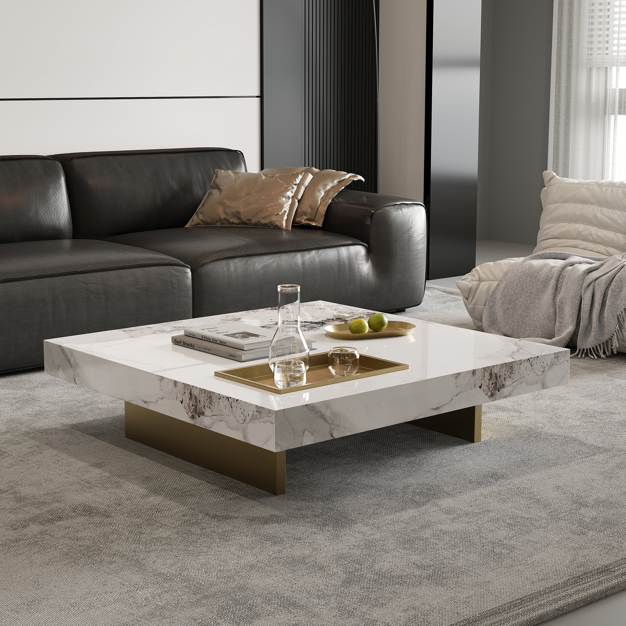 Orren Ellis 42“ Square Coffee Table with Glossy Sintered Stone Table ...
