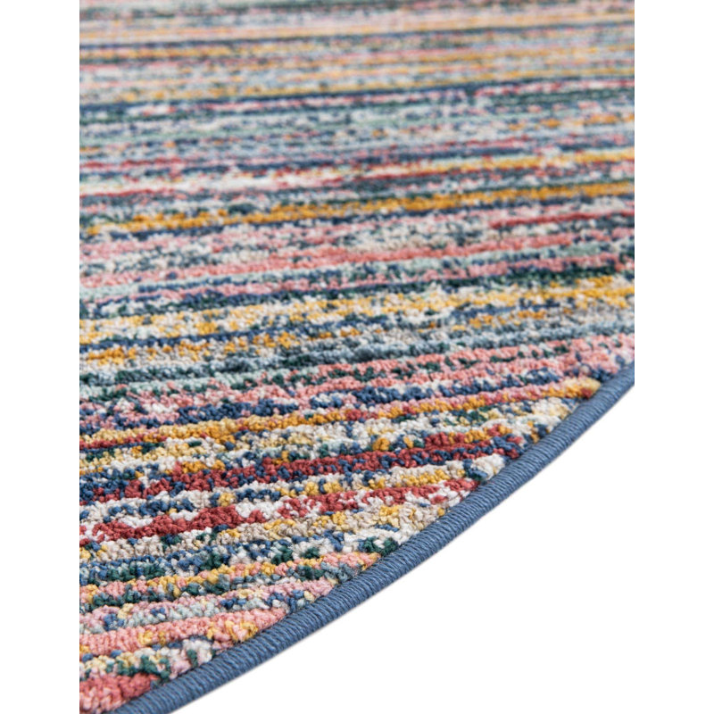 Tapis rayé jaune / bleu / rouge / bleu marine Hulsey, Rond 5 pi 3 po