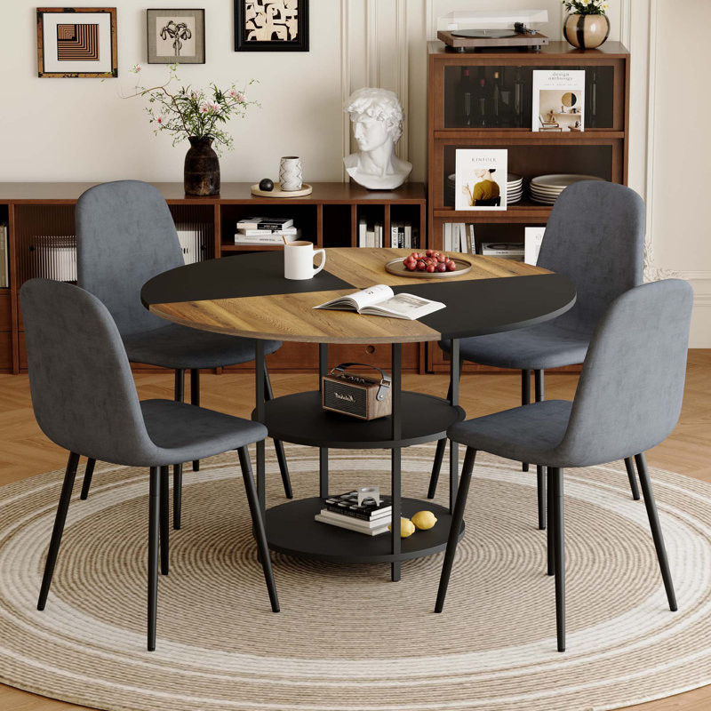 Ensemble de table de salle à manger moderne épissure de 47,3 pouces de diamètre avec rangement double couche, jumelé à 4 chaises en tissu
