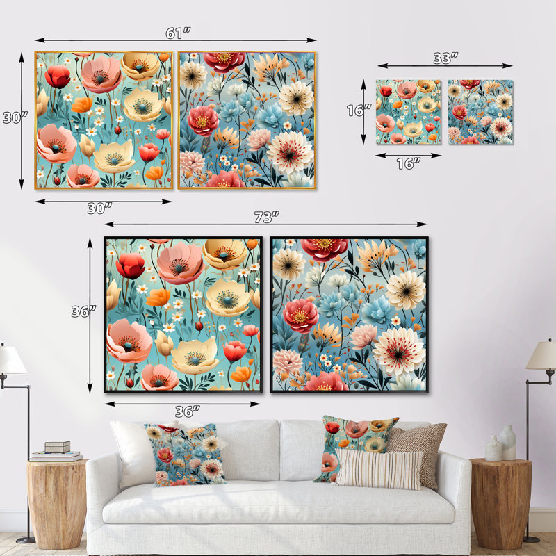 Wallner - Ensemble de 2 collages carrés floraux, Cadre flottant noir, H 16 po x l 33 po