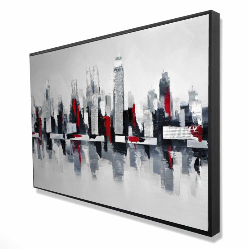 Art urbain sur toile gris et rouge - villes noires, H 37,25 po x l 25,25 po