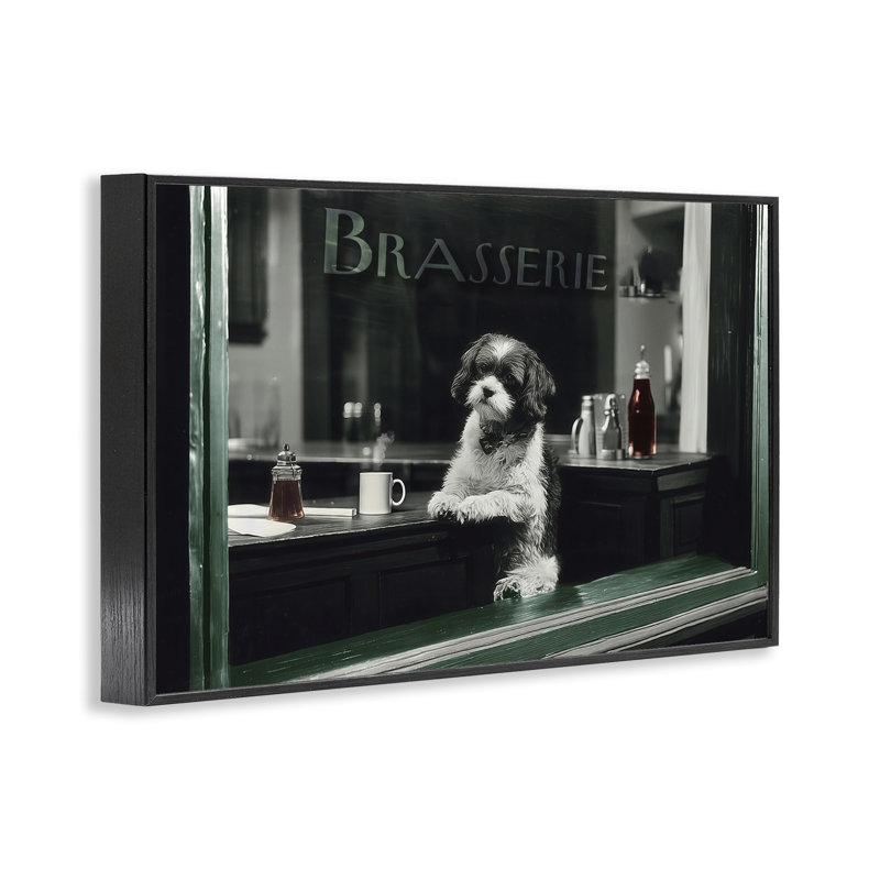 «Brasserie Vintage Dog in Window», dessin par Annabelle Hall, H 12 po x l 18 po, Giclée encadrée noir minuit