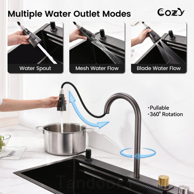 Évier de cuisine à effet cascade, cuve unique en acier inoxydable noir, comptoir multifonctionnel avec robinet à jet pluie et planche à découper, 76 x 56 cm.