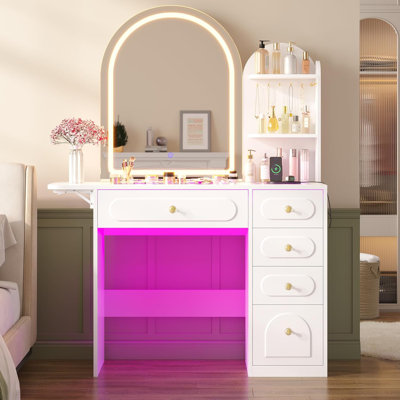 Makeup Vanity Desk With LED Lighted Mirror & 5 Drawers, White Vanity Table/Dressing Desk With Power Outlet & Open Storage Shelf For Bedroom, Large Vanity Table, 3 Color Modes