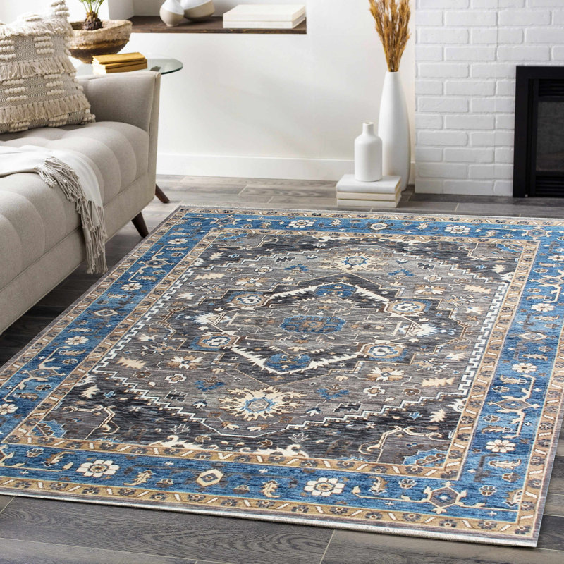 Tapis gris et bleu en laine Oushak - Tapis oriental rétro noué à la main, Rectangulaire 8 pi x 10 pi